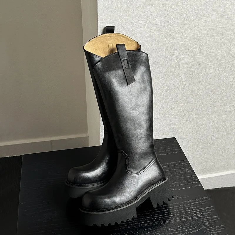 Retro Western Style Tall Leather Boots Cow Leather Upper Non-slip Outsole Fashion Streetwear Men Knee Boots