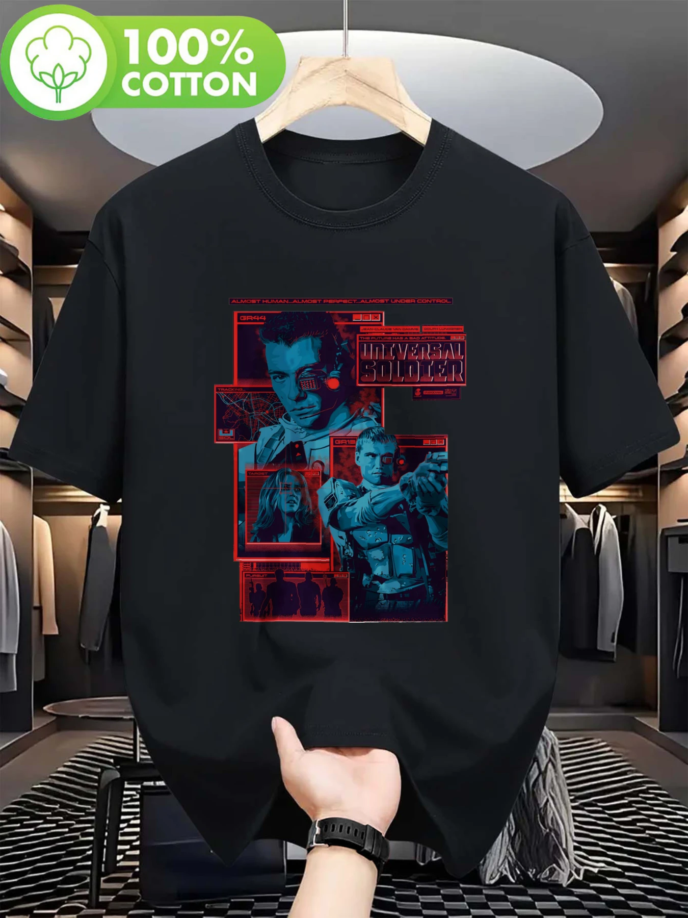 Men's casual summer T-shirt featuring Jean-Claude Van Damme from the film *Universal Soldier* crew neck short sleeve