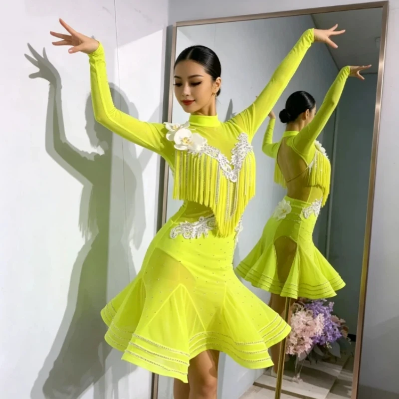 

GB Standard Latin Dance Fringed Skirt 2025 New Professional Competition Performance Women's Art Exam Performance Dress