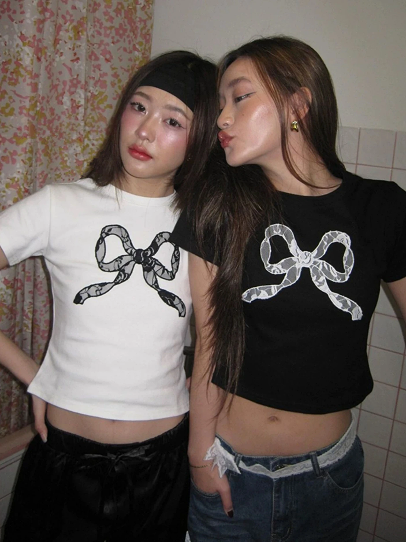 

Chic Lace Knot Design Slimming ort T-irt Pure Cotton Korean Sle Youthful Top for Young Women Summer Casual Wear