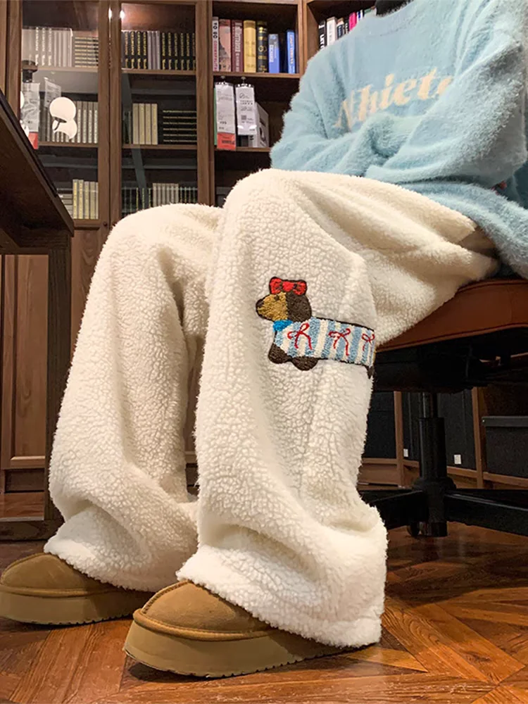 

Lamb Velvet Sausage Dog Cotton Pants Unisex Winter Fleece Lined Thick Warm Trousers Outdoor Cold Resistance Skiing Pants