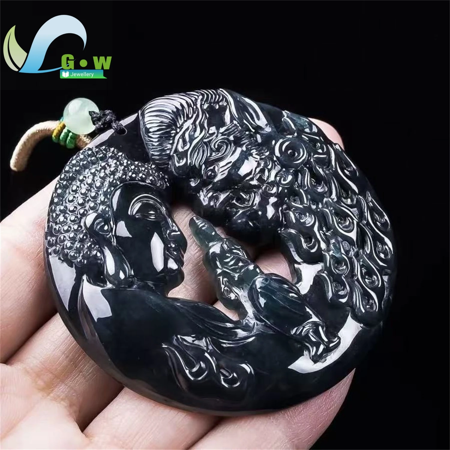 Natural Grade A Jadeite Black Ice Enlightenment Pendant Hanging Jade Amulet Necklace Unisex Carved Gemstone Jewelry Charm Gift