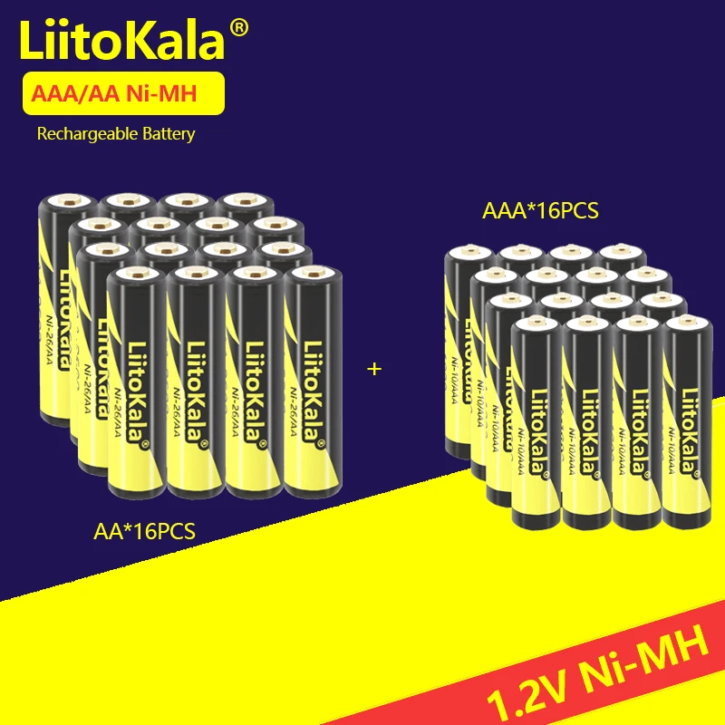 

16Pcs LiitoKala 1.2V AA 2600mAh/AAA 1000mAh 1.2V NI-MH Camera Flashlight Toy Pre-Charged Rechargeable Batteries with box