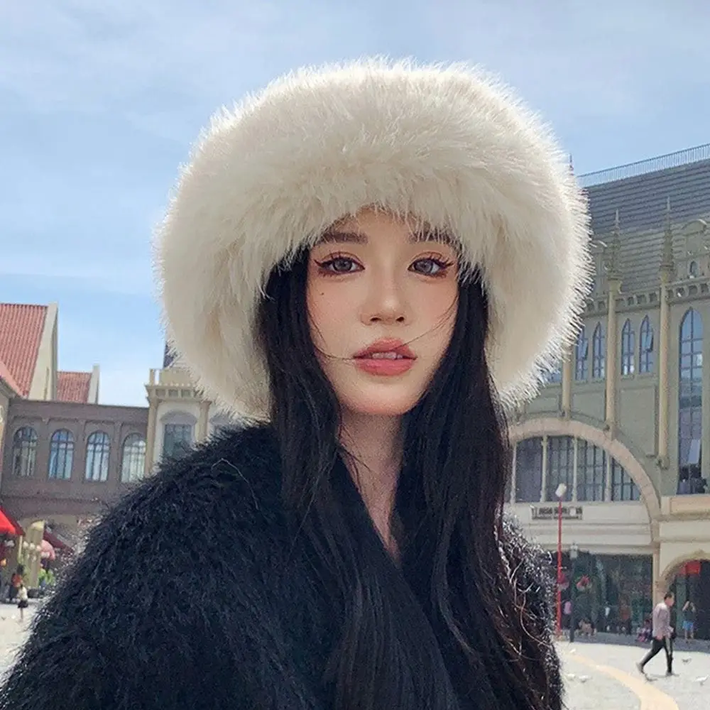 Winter Faux Fur Plush Bucket Hat Thick Warm Plus Velvet Fisherman Cap Fluffy Casual Panama Caps for Women