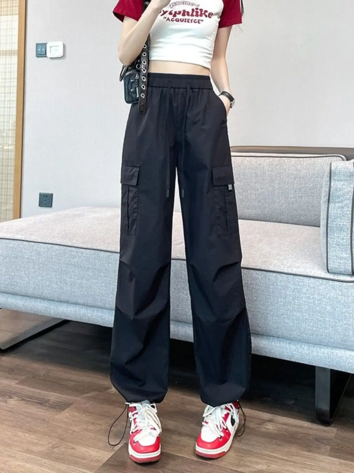 American Style Thin Casual Cargo Pants Women Summer Small Size Cuffed Hiking Pants Loose Wide Leg Quick Dry Sports Trousers