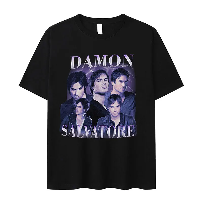 Damon Salvatore Ian Somerhalder TV Series Graphic T Shirts Men's Retro Gothic Fashion Oversized Cotton T-shirt Unisex Streetwear