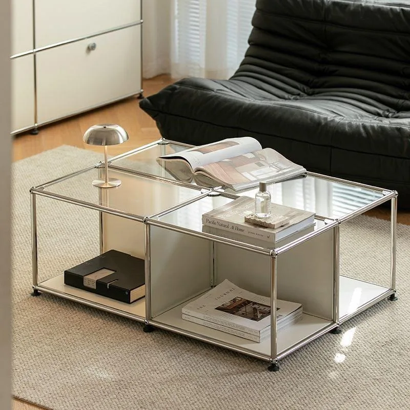 Medieval stainless steel module glass coffee table modern simple living room desktop home combination