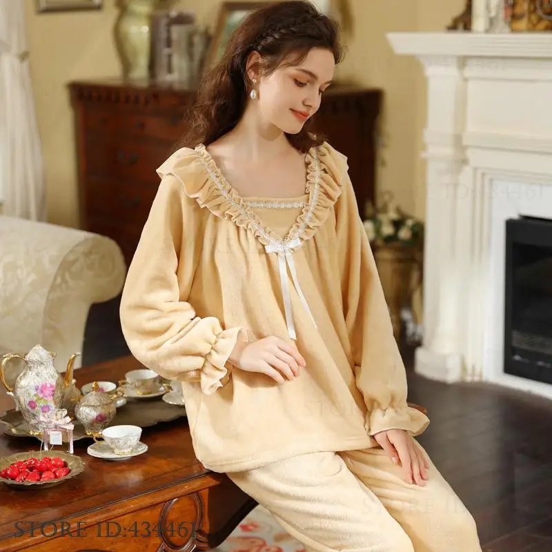 

Autumn Winter Flannel Pajamas 2Pcs Set Women Homewear Elegant French Court Style Sleepwear Loungewear Warm Coral Fleece Pyjama