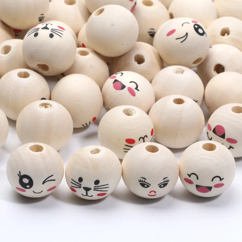 20mm 10pcs Natural Color Round Wood Beads Cute Cat Smile Face Beads For Jewelry Making Diy Needlework Craft Accessories Supplies