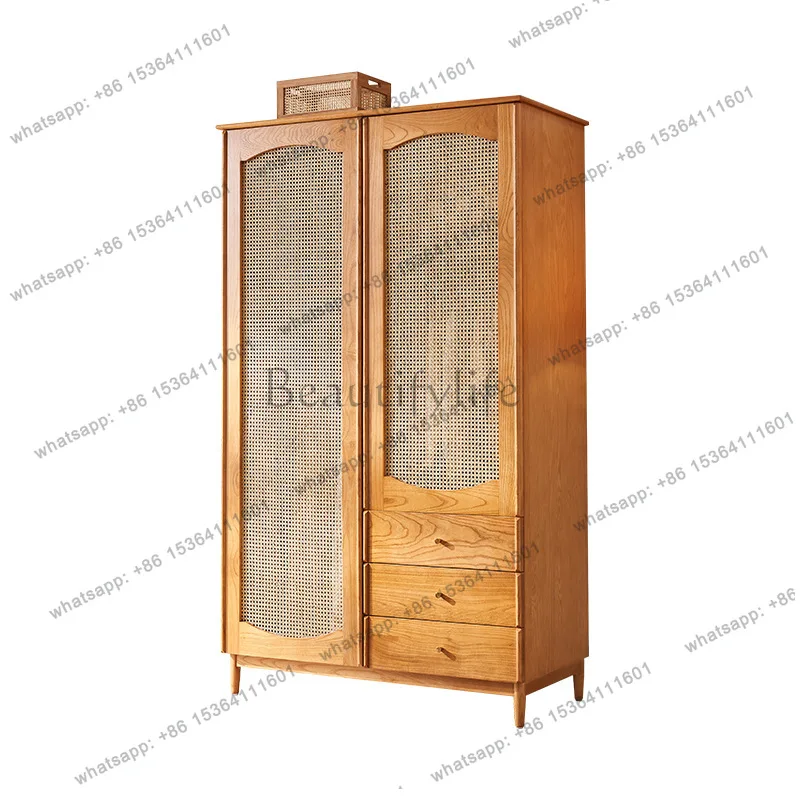 Wabi Sand Solid Wood Wardrobe Partition Multifunctional Storage Wardrobe Double Door Rattan Cabinet