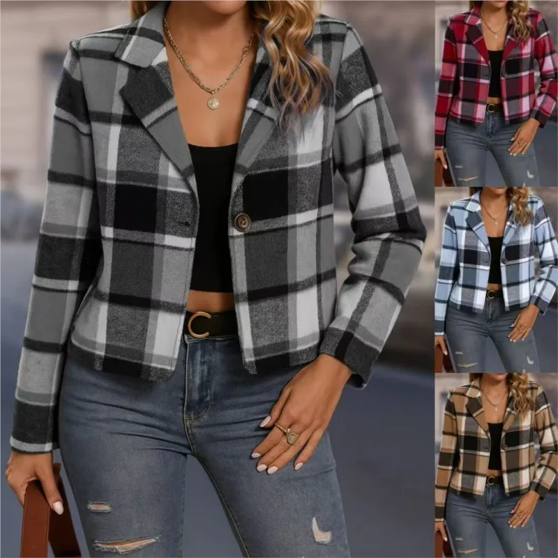 女性のコートジャケット新しい秋冬通勤チェック柄ショートスーツ長袖小さなスーツジャケットコートファッション女性ストリート
