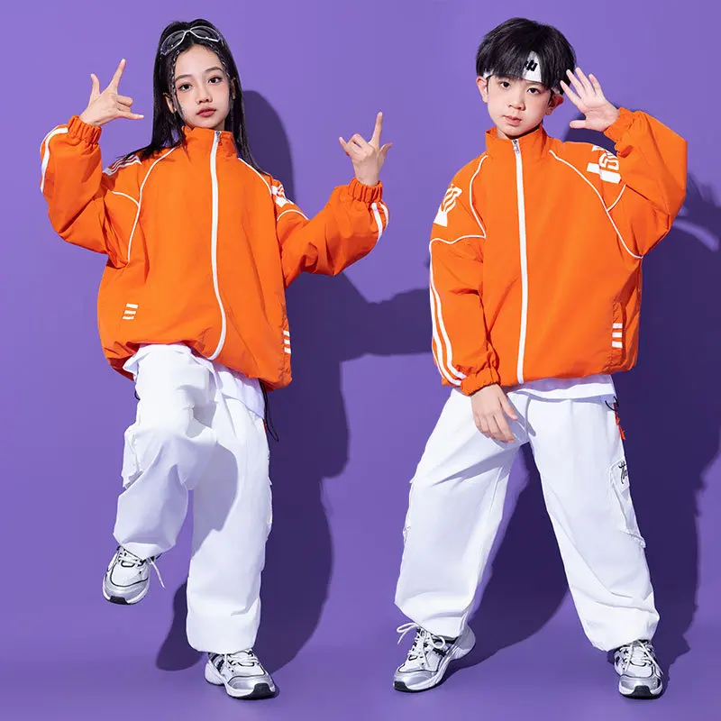 Kids Jazz Street Dance Costume Set Boys Fashion Orange Long Sleeved Jacket White Pants Set