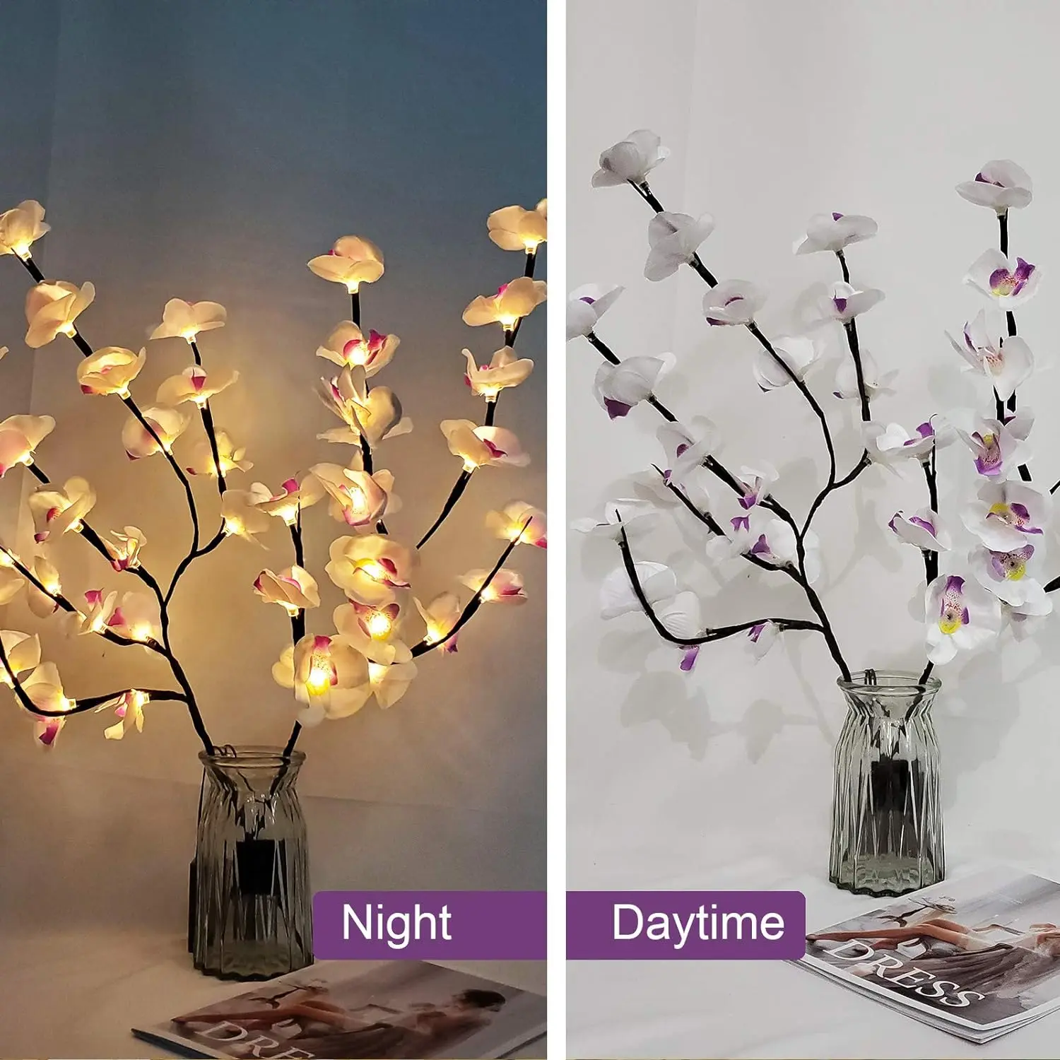 1 Pack White&Purple Butterfly Orchid Tree Light LED Lights Battery Powered Tree Lamp Lighted For Room Home Romantic Decoration