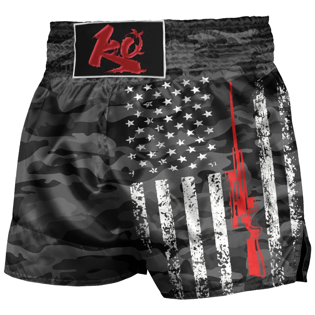 Men USA Flag Fighting Grappling Shorts Black Camo Stars Hunter Flag Muay Thai Boxing Trunks