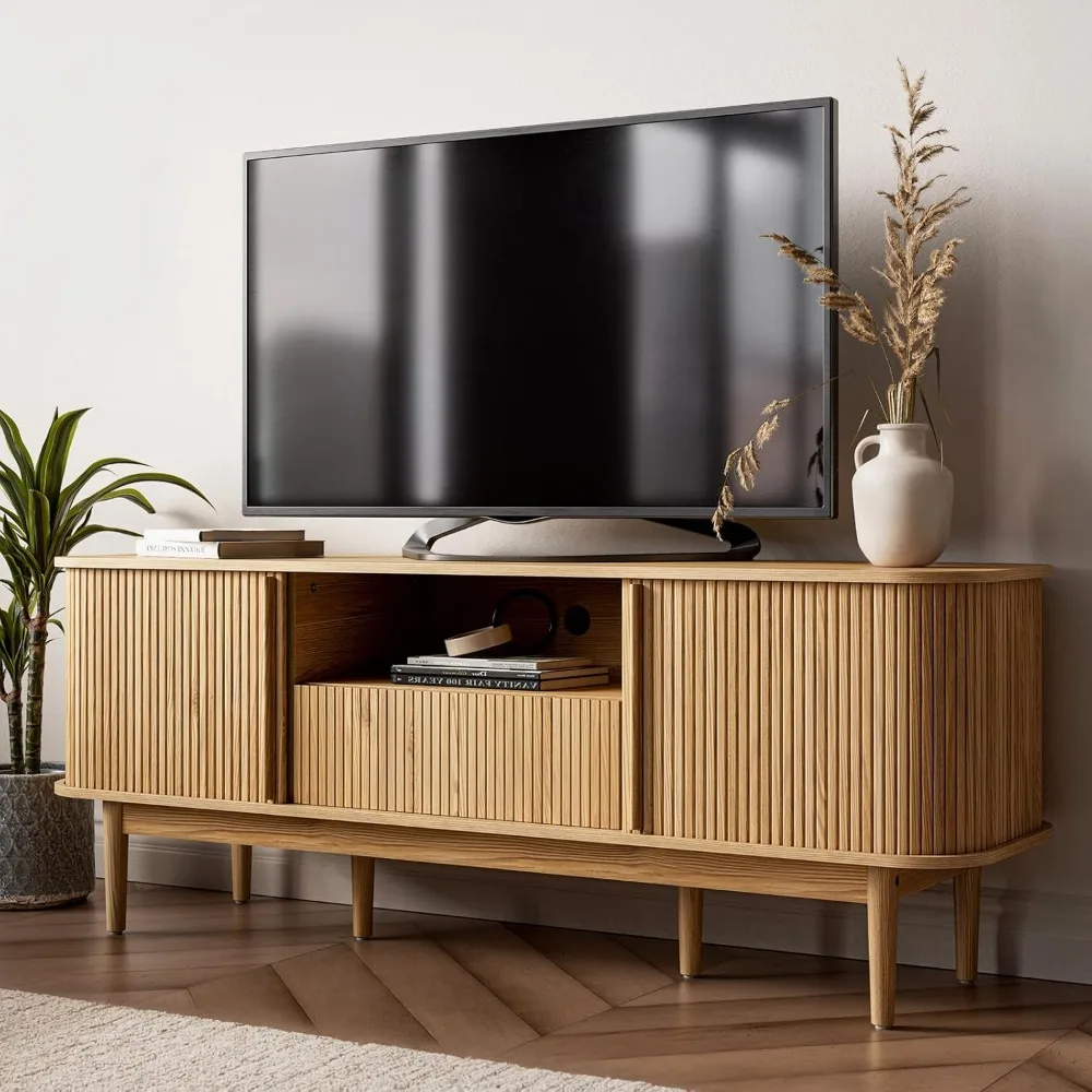 

63" Black TV Stand, Fluted Entertainment Center for TVs up to 70'', Modern TV Stand with Storage, Entertainment Center with Slid