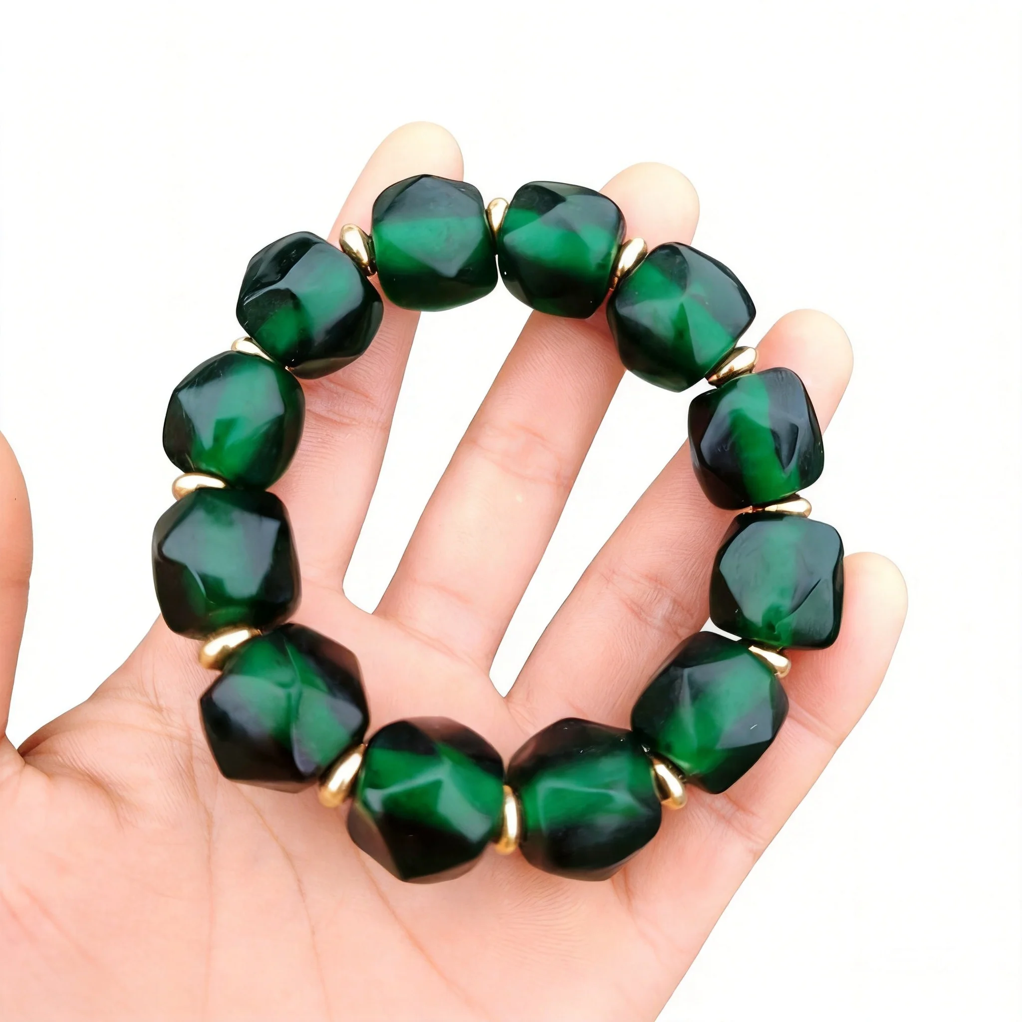 Chinese Style Vintage Translucent Green Faceted Liuli Bracelet 16mm 12 Beads Lucky Fortune Blessing Jewelry Gift For Men Women