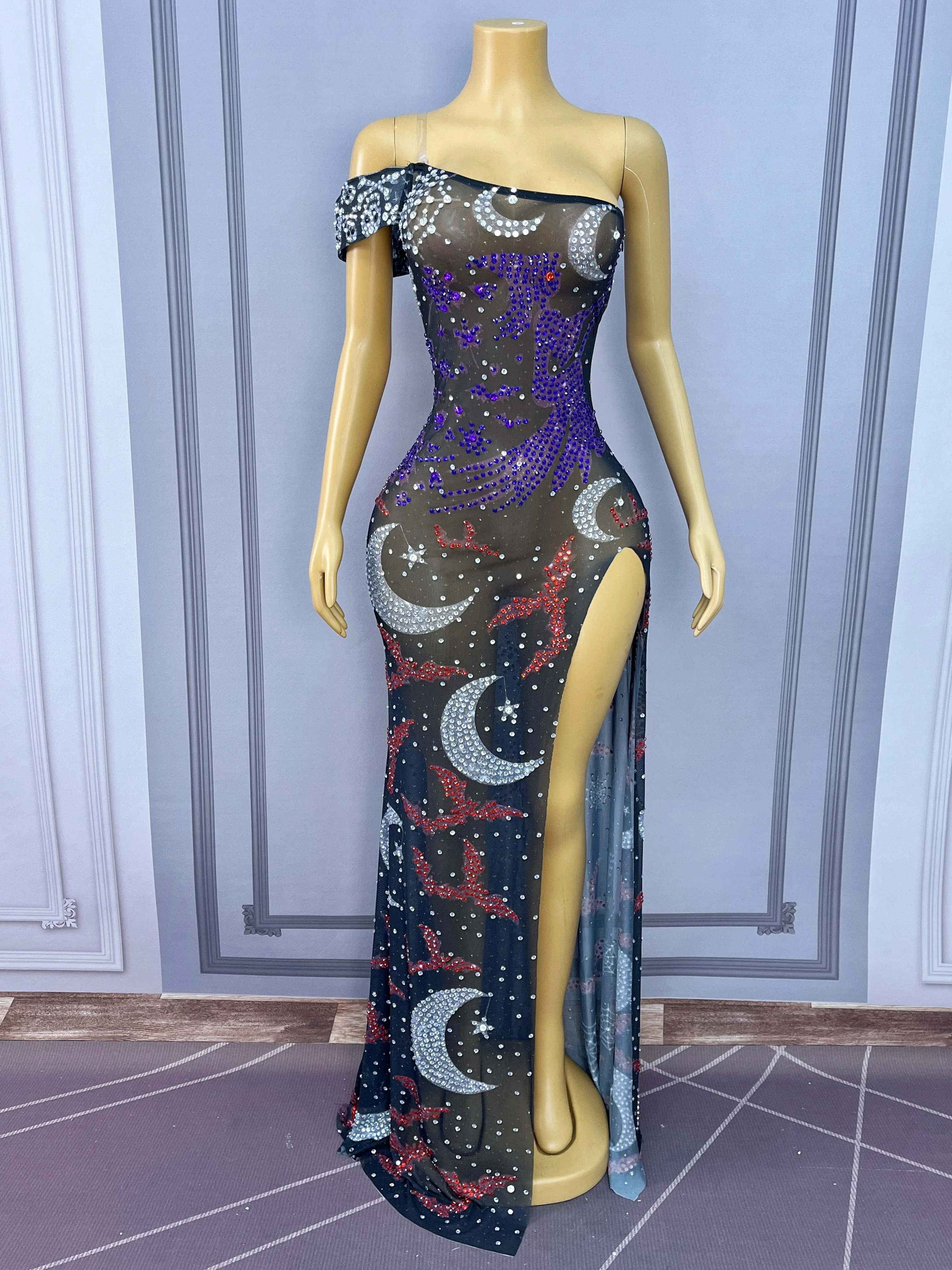 Robe d'halloween avec strass brillants, épaules dénudées, fente haute, robe de soirée, spectacle, tenue de spectacle sur scène, Nvwu, nouvelle collection