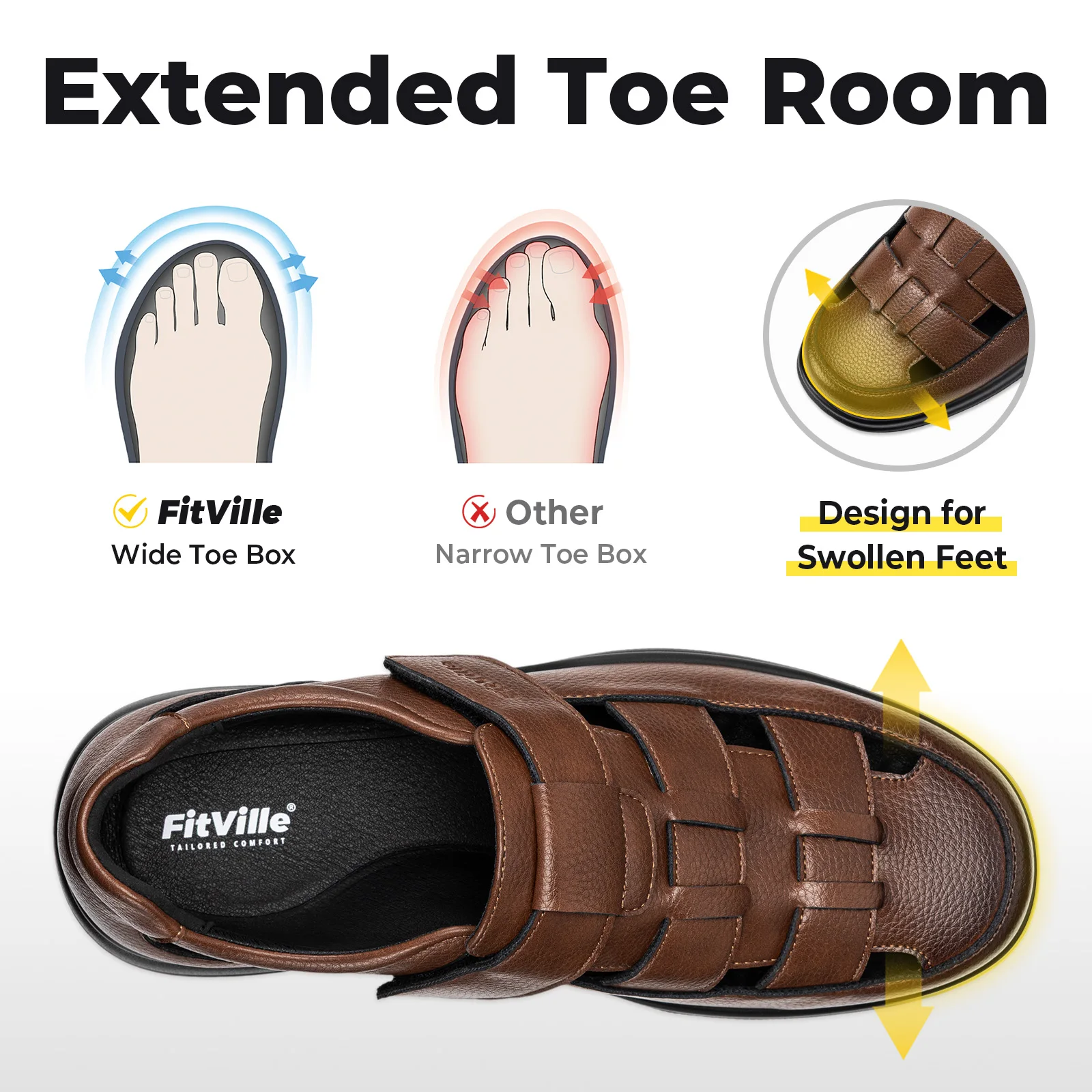 FitVille Men's Closed-Toe Sandals Wide Toe Leather Diabetic Shoes for Men Orthopedic Dress Sandal Velcro Straps Shock-Absorbing