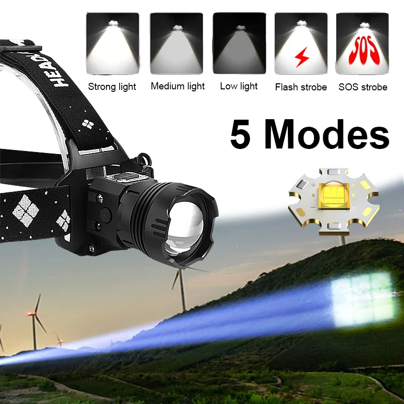 New Powerful LED Sensor Headlamp Rechargeable USB Head Flashlight High Power Long Range Outdoor Head Torch Fishing Head Lantern