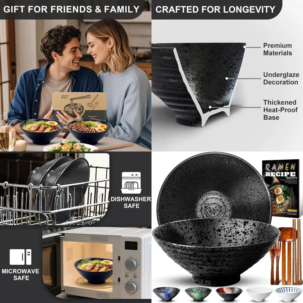 

Set of 2 - 8 Inch Ceramic Ramen Bowls (9 Piece) with Chopsticks, Forks, Spoons, and Recipes - Ideal for Noodles, Salads, Cereal,