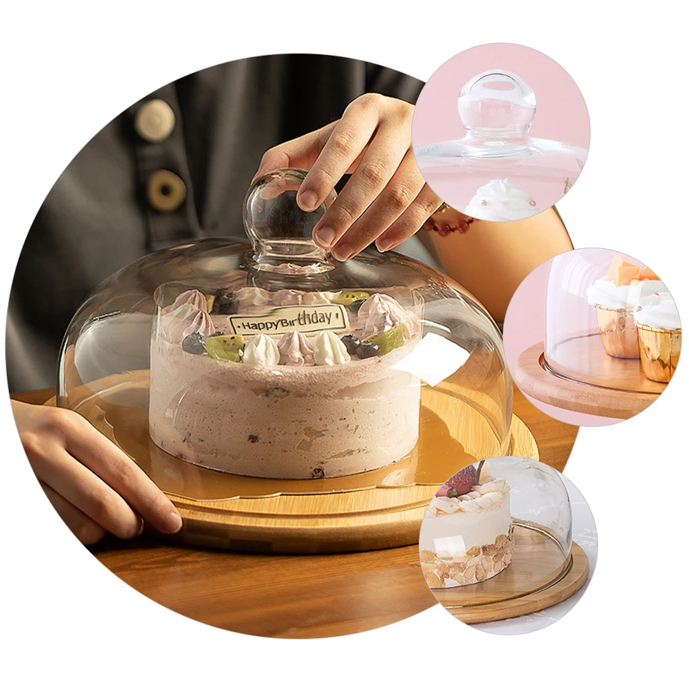 

Cake Display Tray Glass Bamboo Material Food Cover Hygienic Dust Proof Fly Protection Snack Tray Pastry Plate Gift Idea