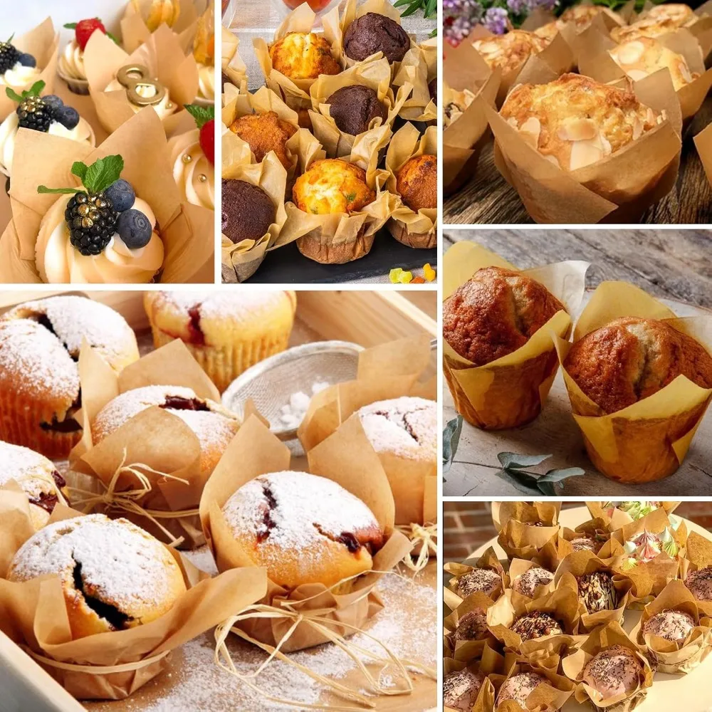 Natural Tulip Cupcake Liners for Baking, 200 Count Unbleached Parchment Muffin Liners, Greaseproof Standard Cupcake Wrappers for Party, Birthday, Christmas