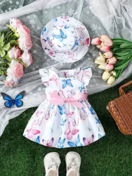 New baby girl summer multi-color butterfly print bow sweet dress+hat