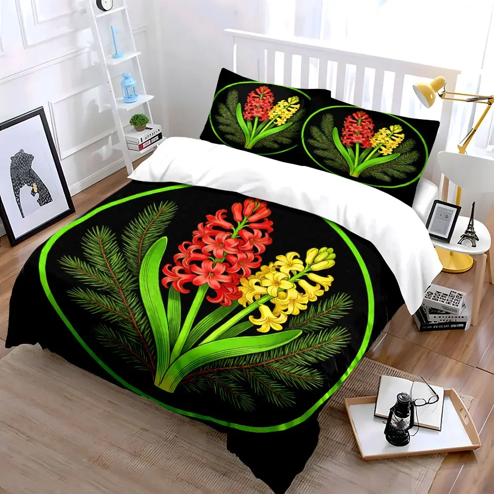Floral Bedding Set, Red and Yellow Hyacinth Flowers with Pine Print Duvet Cover + 2 Pillowcases, Botanical Decor 3Pcs