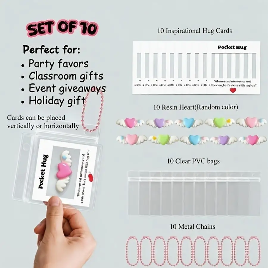 1/5/10/20/50/100pcs s/10-Set Resin Heart Pocket Hug Cards, Heartwarming Small Gifts for Adults, Includes PVC Storage Bag, Cute a