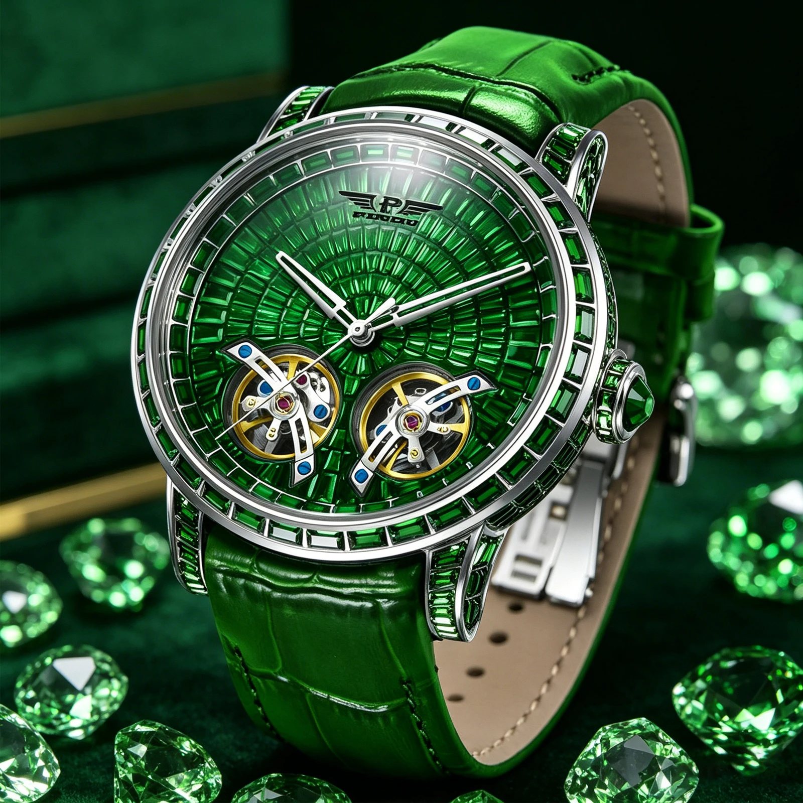 

2026 PINDU Design New Diamond Mechanical Watch Men Top Luxury Double Flying Wheel Watch Sapphire Glass Waterproof Watch Leather
