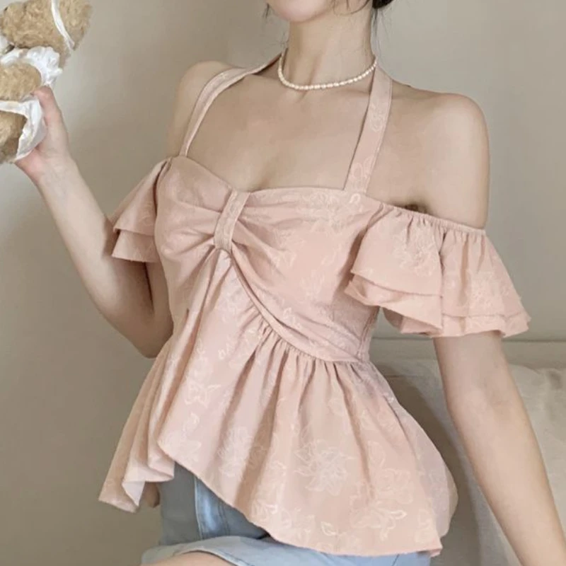 Halter Blouses Women Ruffles Elegant Summer Aesthetic Clothing Tender Vacation Solid Fashion Mujer Casual Minority Maiden Daily