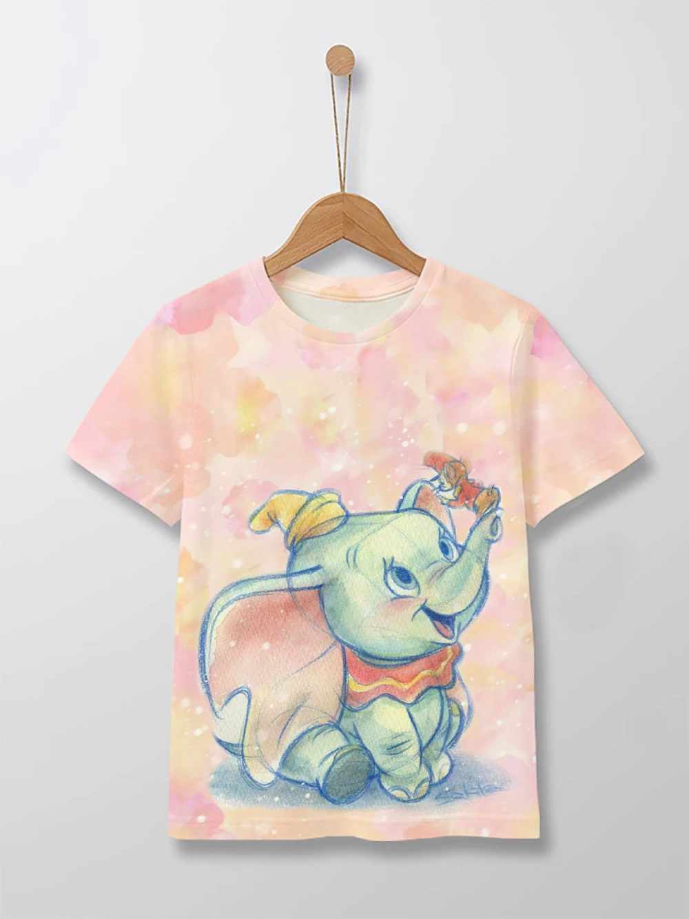 Summer 2023 Disney Dumbo cartoon print round neck short-sleeved T-shirt 1-14 years old street fashion children's T-shirt top