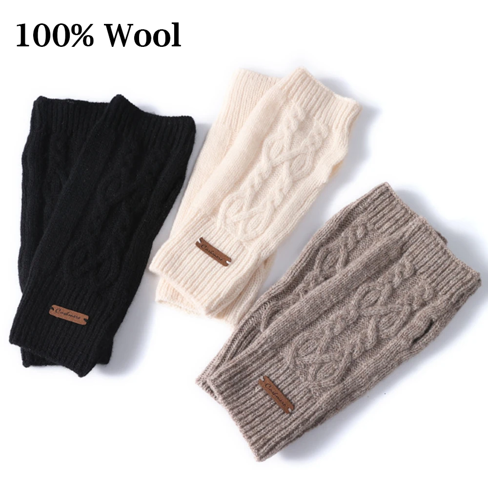 100% Wool Knitted Fingerless Gloves 20CM Semi Finger Mittens Solid Color Black Winter Autumn Thermal Soft Mittens Wrist Guard