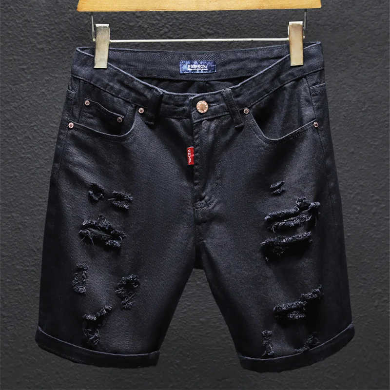 Summer Denim Off White Shorts Ripped Holes Black Half Jean Boys Popurlar Scratched Korean Distressed Plus Size 38 40 42 Trousers