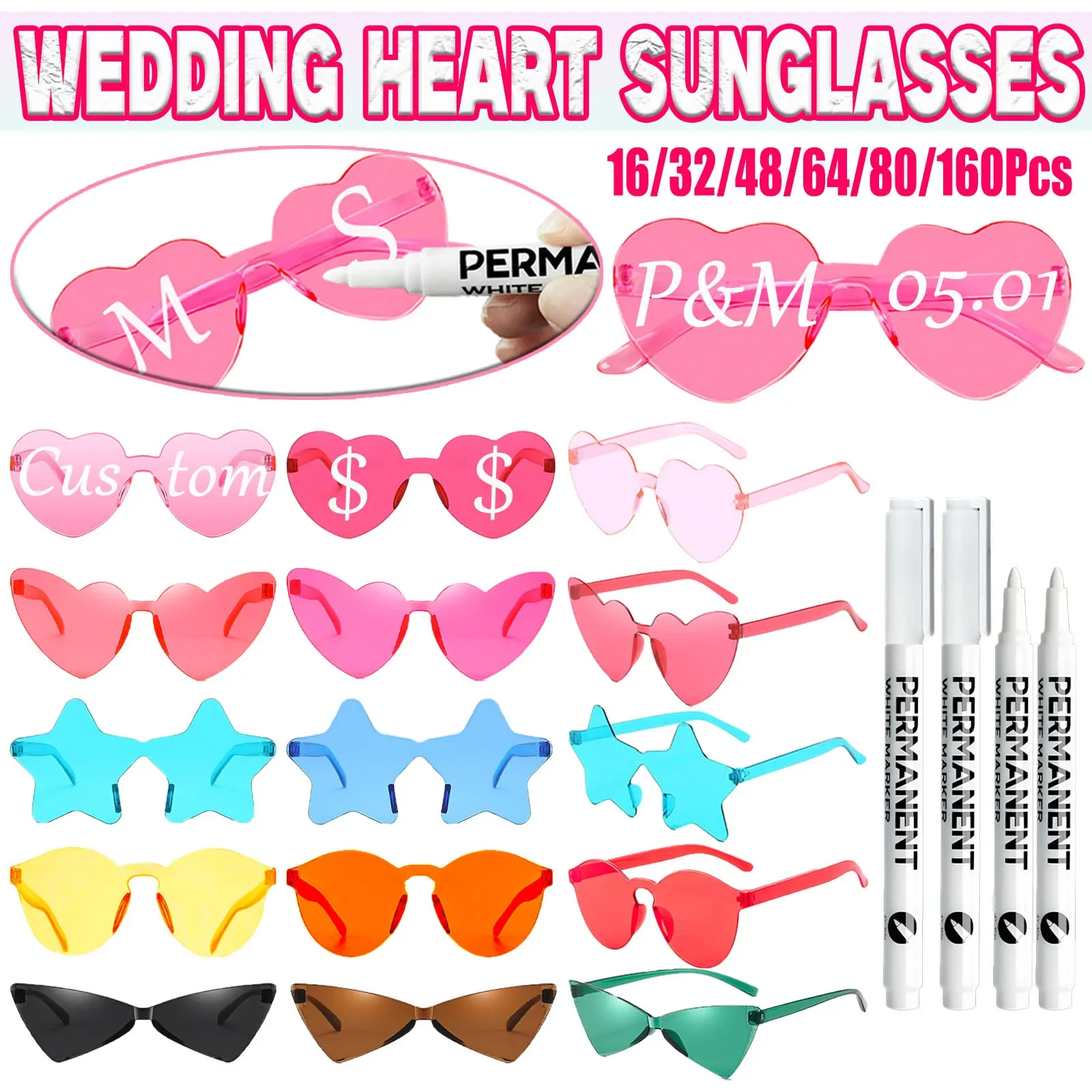 16-160Pcs Personalized Wedding Sunglasses Custom Heart Sunglasses with Paint Pens for Adults DIY Birthday Wedding Party Favors