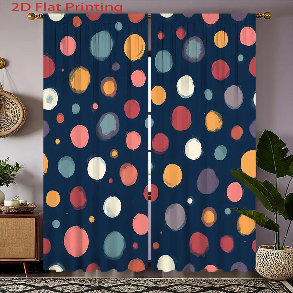 2pcs Modern Window Curtains - Semi-Sheer Light Filtering Privacy Drapes with Dark Blue Background & Multicolor Dot Pattern