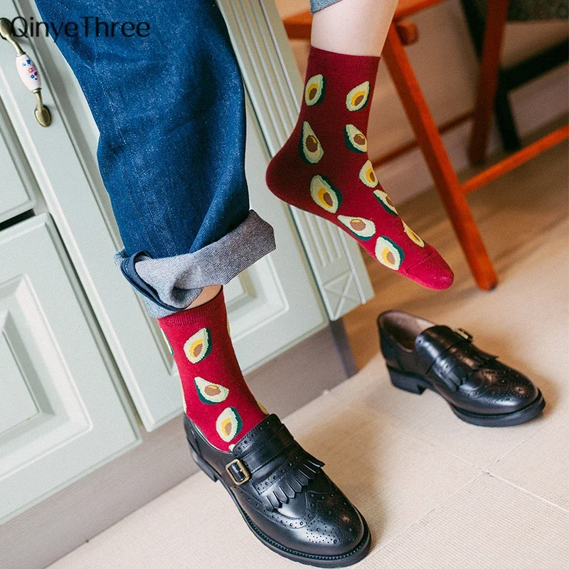 New Women\'s Fashion Happy Fruits Lemon Avocado Pineapple Cherry Blueberry Banana Flower Socks Dropship