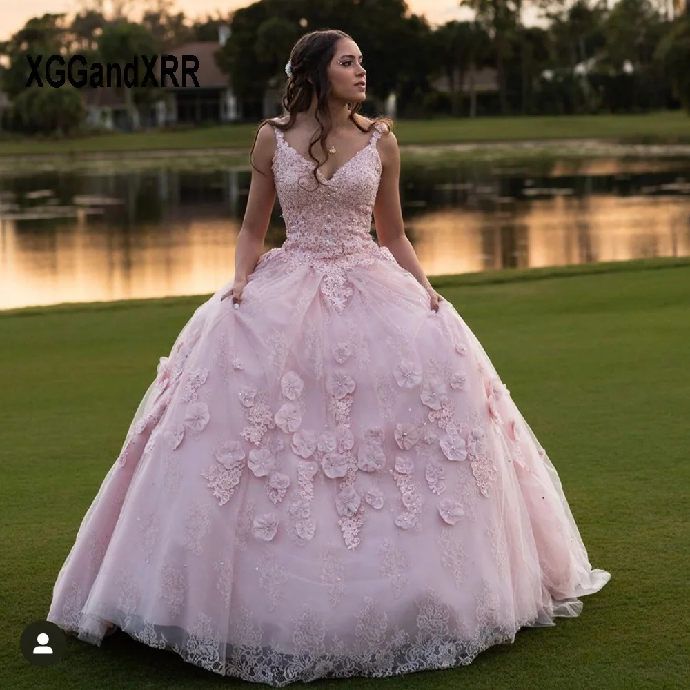 Mooie Roze Baljurk Quinceanera Jurk 2024 3d Bloemen Tule Prinses Sweet 16 Vestido De Xv Años Brithday Party Jurk V-Hals