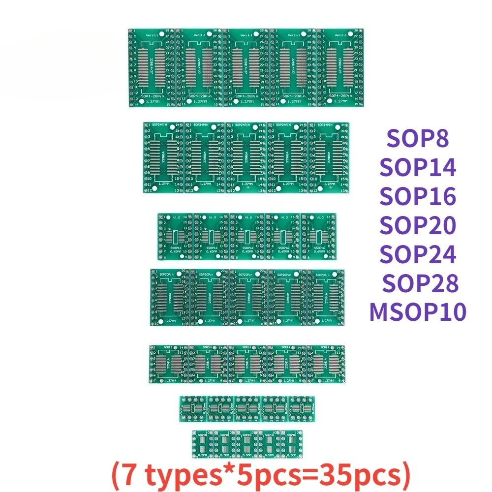 35 قطعة لوحة دارات مطبوعة عدة SOP8 MSOP10 SOP14 SOP16 SOP20 SOP24 SOP28 PCB محول محول PCB محول مجلس SMD إلى DIP