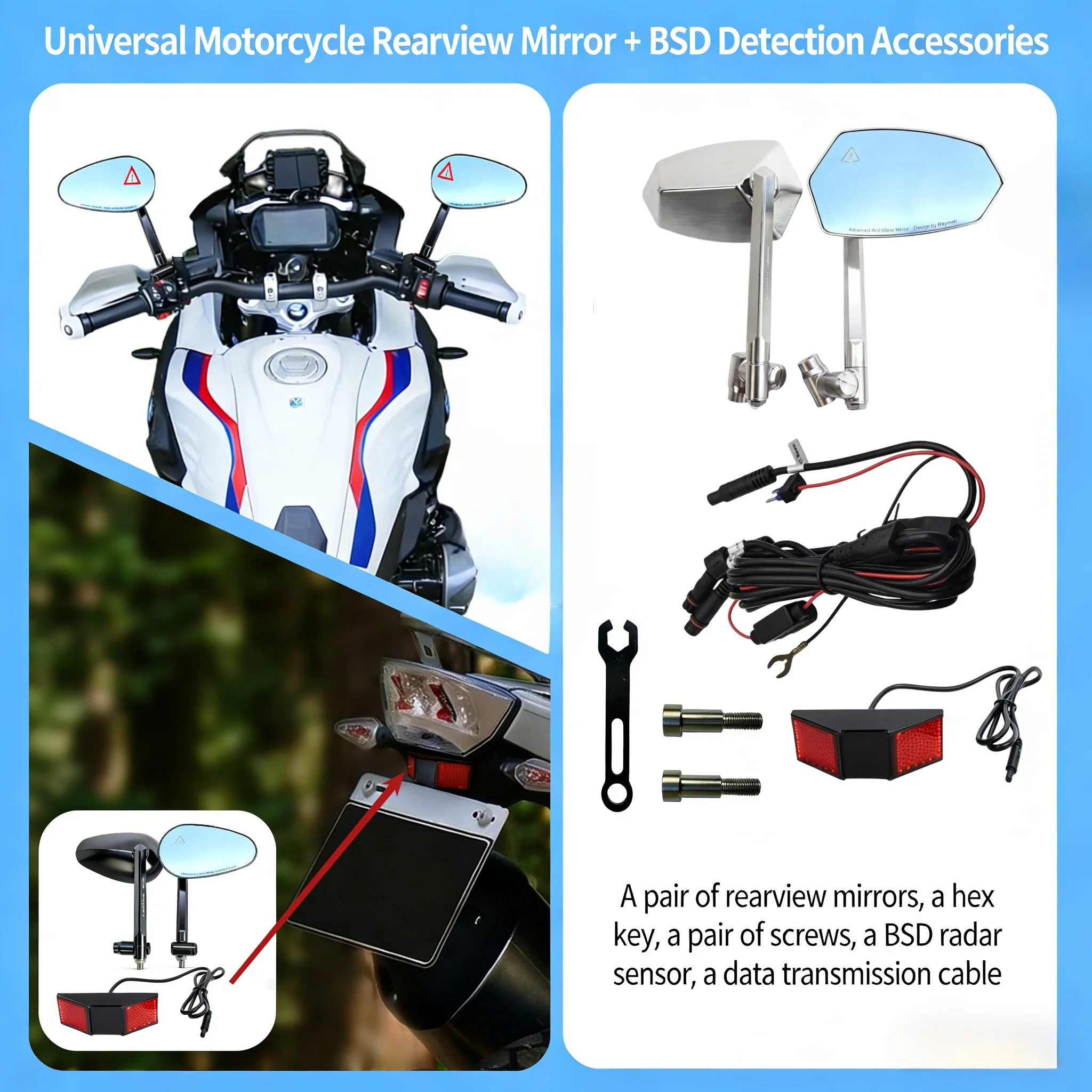

For Yamaha Tenere 700 T7 Motorcycle blind spot warning radar rearview mirror 77G Millimeter-Wave Radar Collision Warning (RCW)