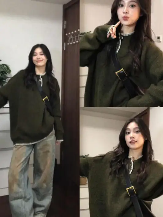 

Американский ретро-дизайн, повседневный вязаный свитер с воротником Генри, женский свободный осенне-зимний пара, ленивый накладной свитер