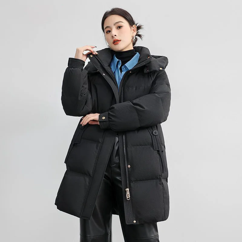Women Hooded Parkas Coats Mid Lenth Jacket Solid Oversize Zipper Long Sleeve Thick Loose Fit Office Lady Casual Winter 2025