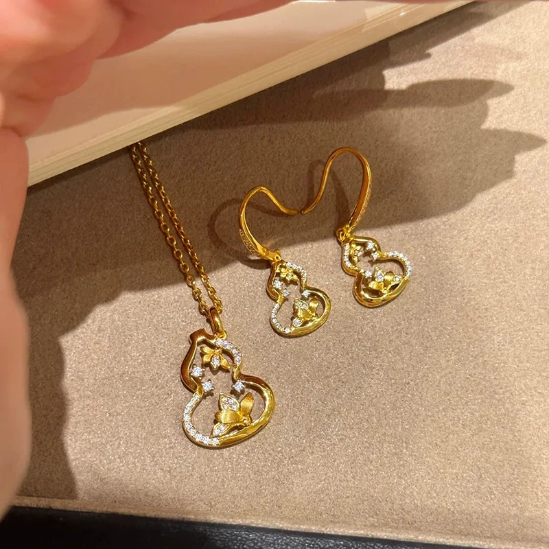 New Chinese style Brushed Gourd Flower Necklace Light Luxury Temperament Inlaid Fulu Zircon Earrings Chic Jewelry Set for Women