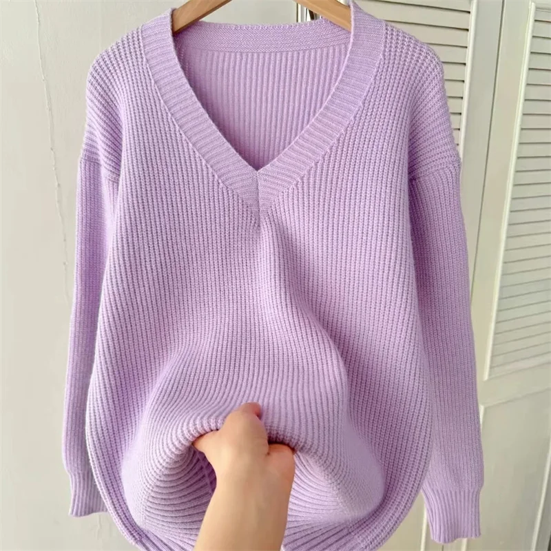 Women's Warm V-neck Pullover Knitted Sweater Korean Fashion Long-sleeved Loose Thin Inner Top Autumn and Winter New