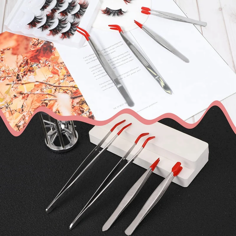 B62B 4 Pieces Tweezers with Rubber Tips, PVC Coated Tweezers Set, Stainless Steel Long Bent Tweezers for Jewelry Crafts