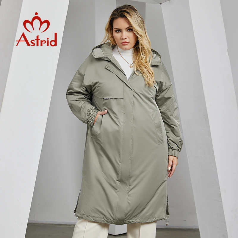 Astrid Herfst Winter Damesjas Lange Dunne Katoenen Trenchcoat Kap Split Zoom Warme Losse Gewatteerde Parka Plus Size Dameskleding