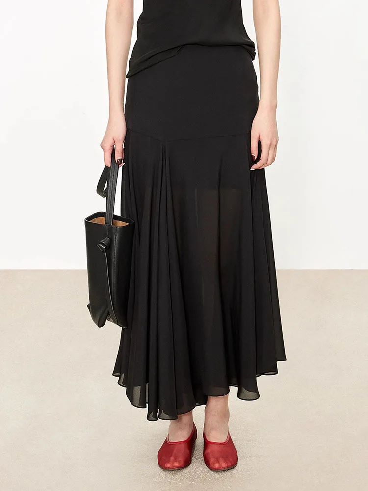Maxdutti Minimalist Black Mulberry Silk Chiffon Double-layer Splicing Irregular Skirt Women's Skirt Woman Clothing Faldas Skirts