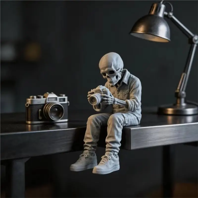 ABYN-Spooky Skeleton Photographer Mini Figurines Sitting Ornaments Decorations For Desktop Bookshelves Gothic Home Ornaments