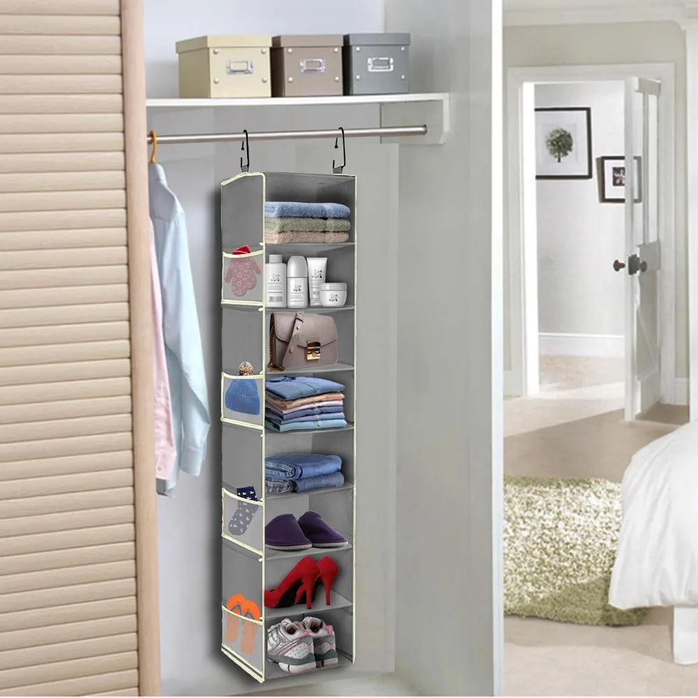 8-Shelf Hanging Shoe Organizer with Side Pockets, Large Storage for Closet, Grey view 2