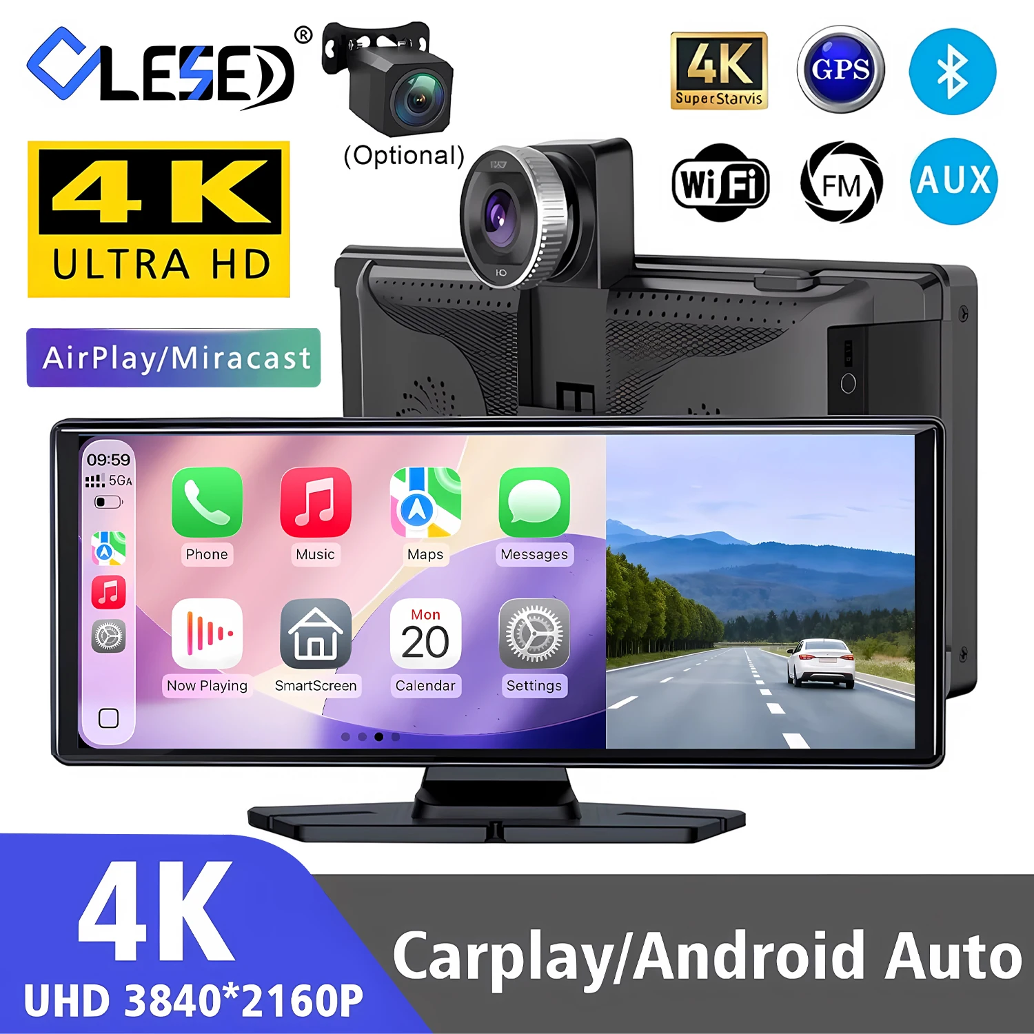 4K 2160P Dash Cam 10.26' All in One Car Stereo with Android Auto Carplay Built in WiFi Bluetooth Support GPS 1080P Rear Camera